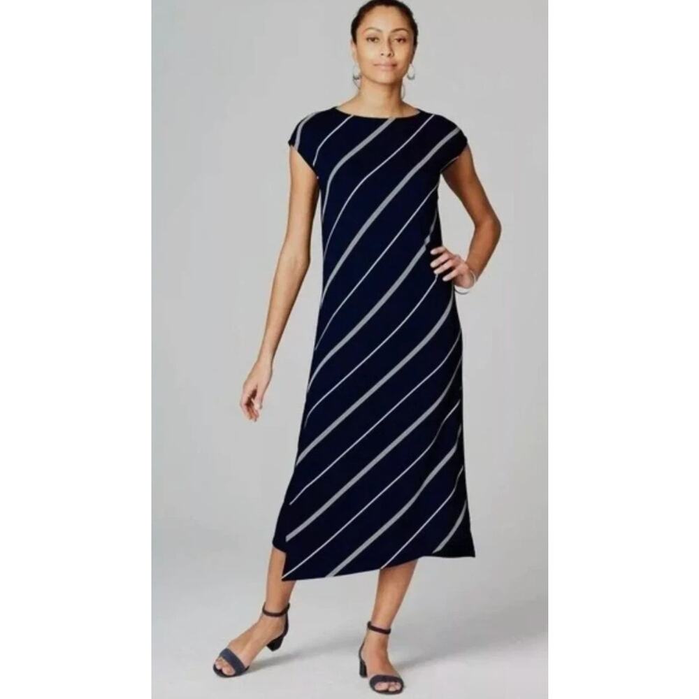 J. Jill Womens Wearever Collection Diagonal Stripe Jersey Navy Midi Dress XS